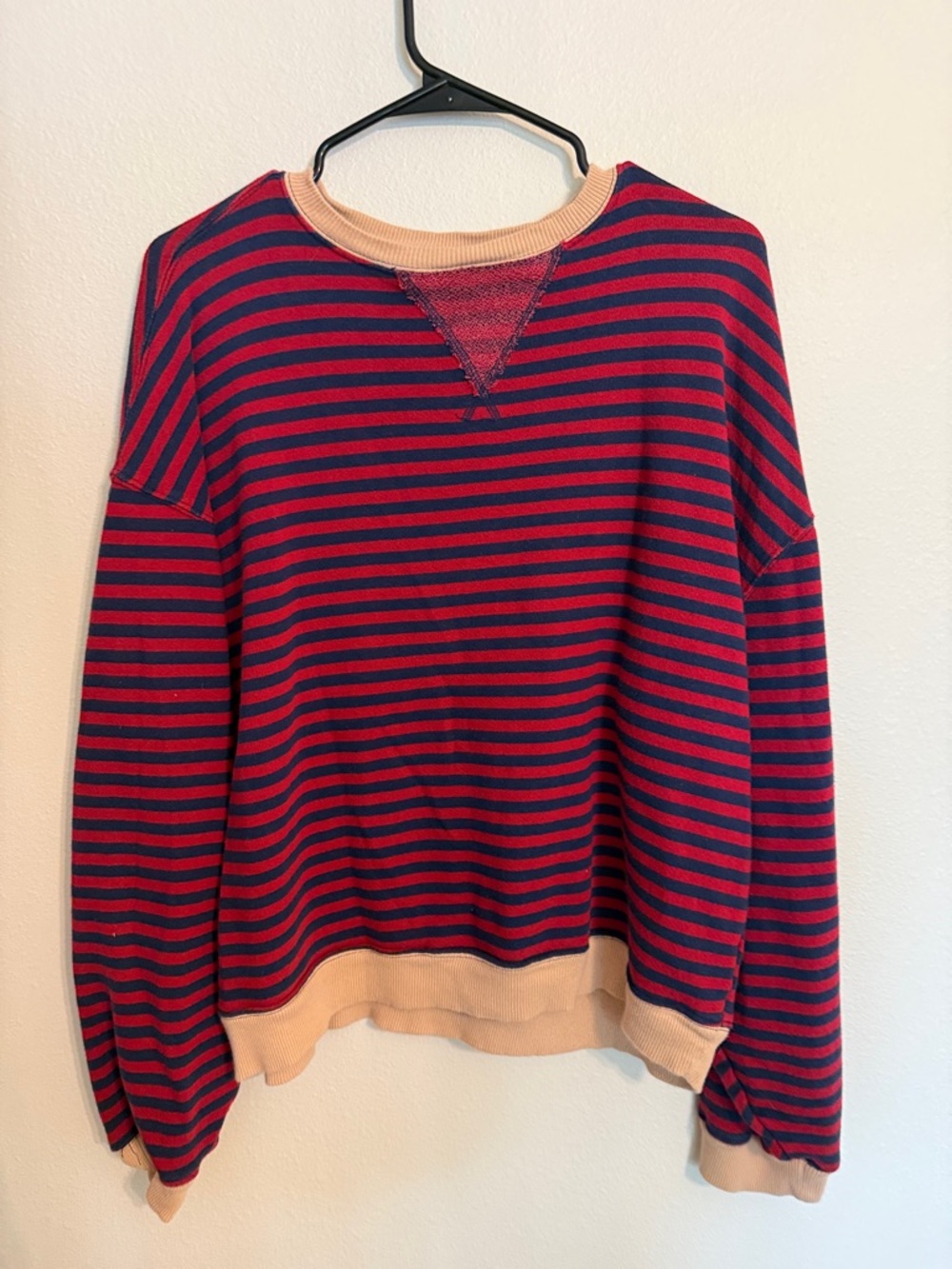 We The Free Red & Navy Striped Knit Sweater with Cream Trim